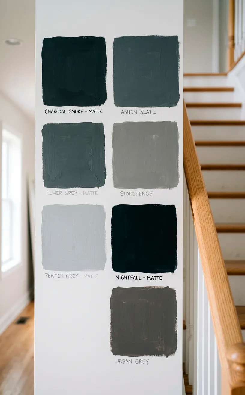 Large grey and black paint swatches painted on a bright white staircase wall for color testing.