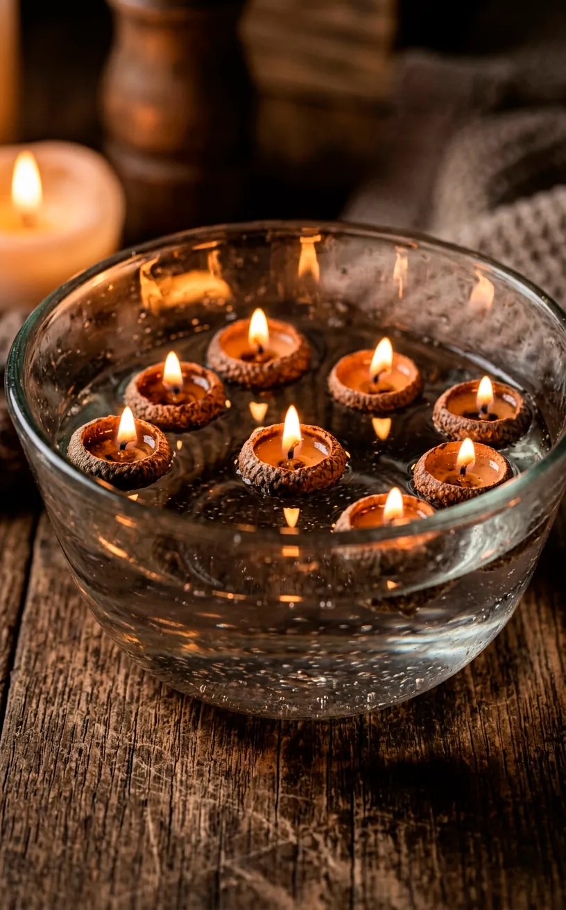 Tiny acorn caps filled with wax and lit wicks floating in a vintage glass bowl of water.