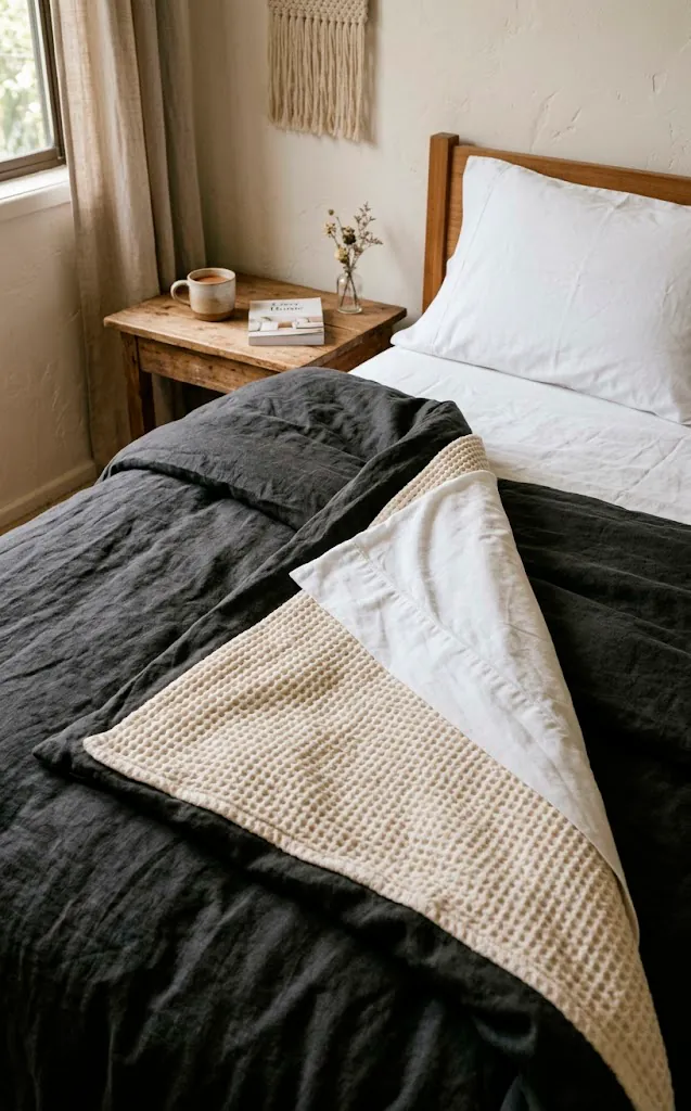 Waffle-weave blanket layered perfectly between sheets and a duvet.