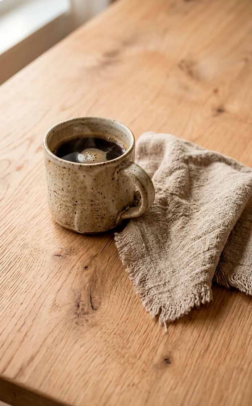 Close-up of a raw light oak Japandi dining table with a handmade ceramic mug and linen napkin.