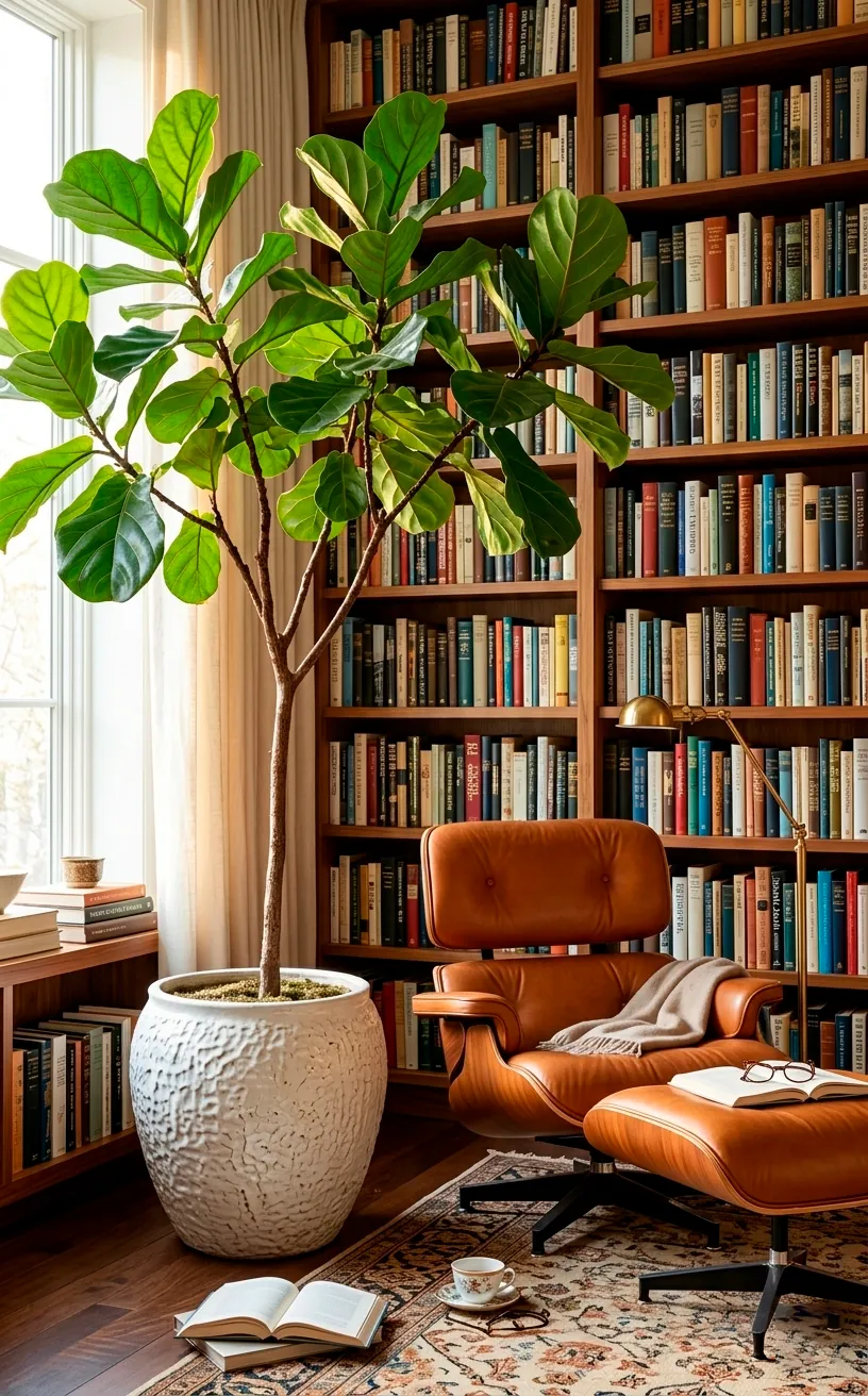 Large Fiddle Leaf Fig plant in a white pot next to a library reading chair.