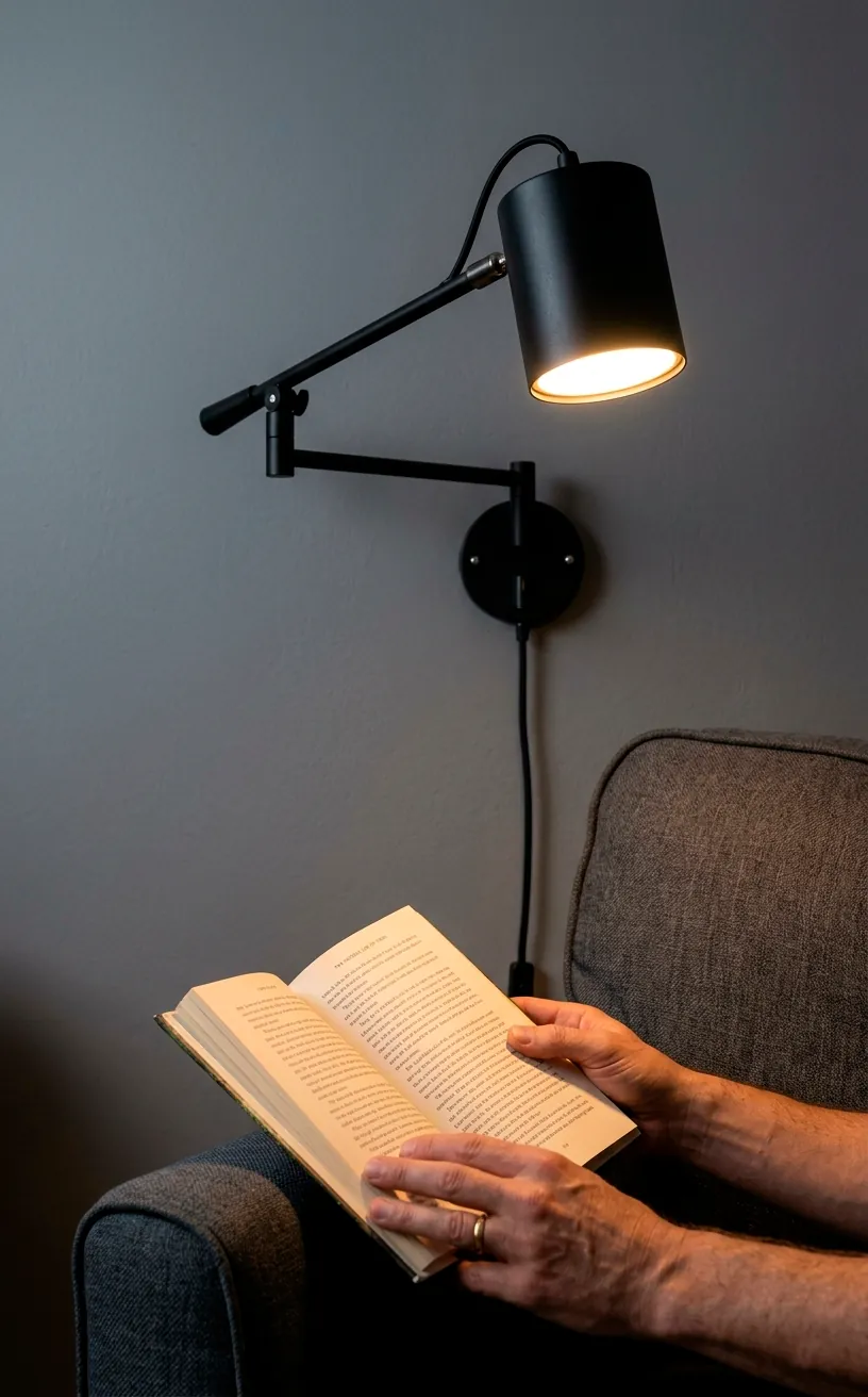 Matte black swing-arm wall sconce above a grey reading chair
