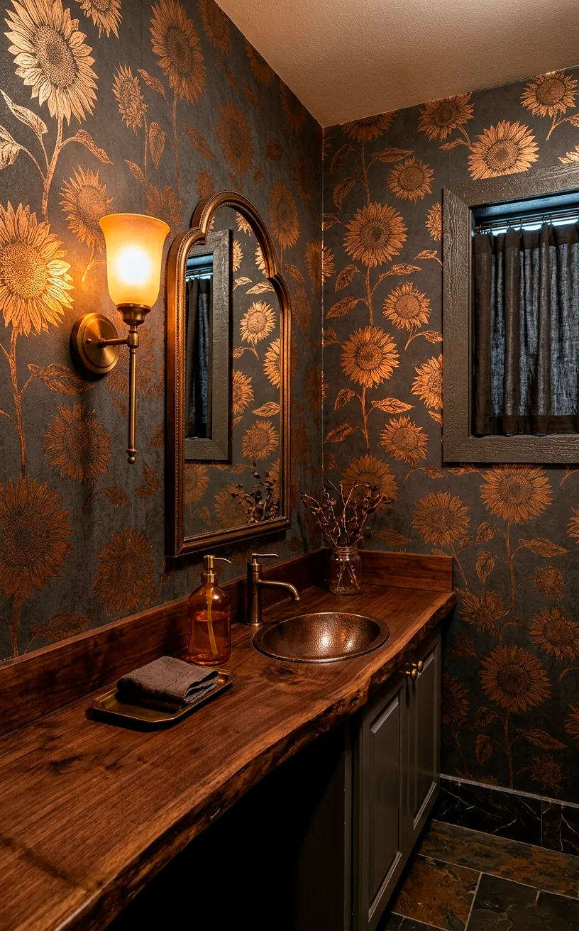 Metallic bronze sunflower wallpaper on a charcoal wall with glowing lights