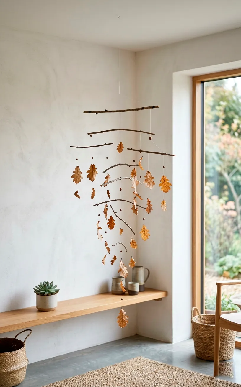 Minimalist hanging mobile constructed from natural twigs and dried oak leaves.