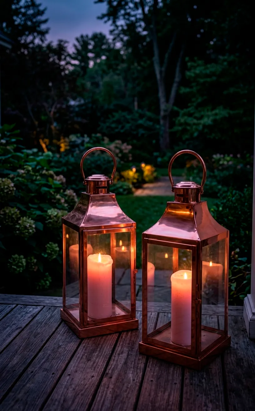 Large copper lanterns with lit pale pink candles on a porch at dusk.