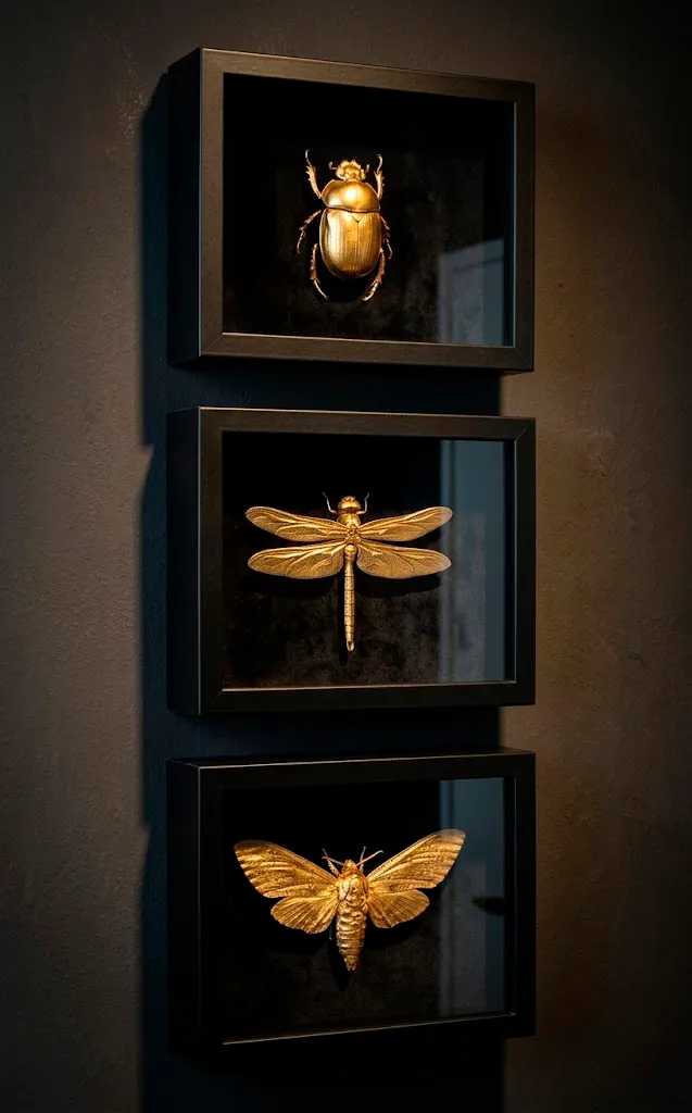 Gold spray-painted plastic insects mounted in black shadowboxes for wall decor.