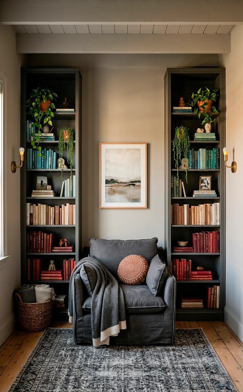 Plush grey reading chair flanked by two identical towering grey bookcases