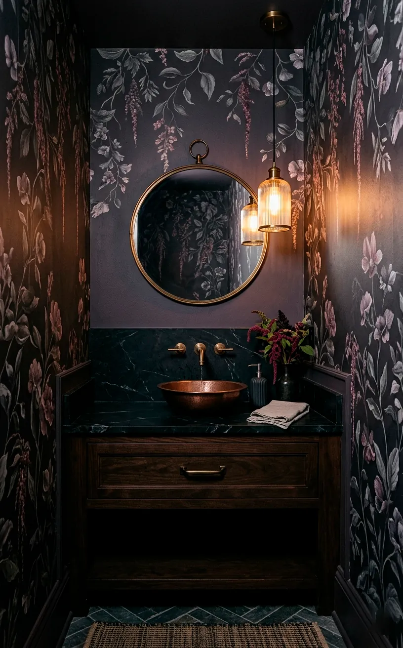 Cascading smoky amaranth vine wallpaper in a serene moody powder room