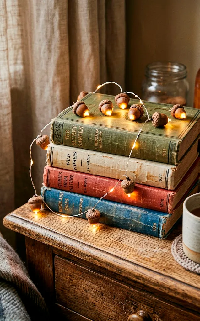 Fairy string lights fitted with natural acorn caps glowing warmly over vintage books.