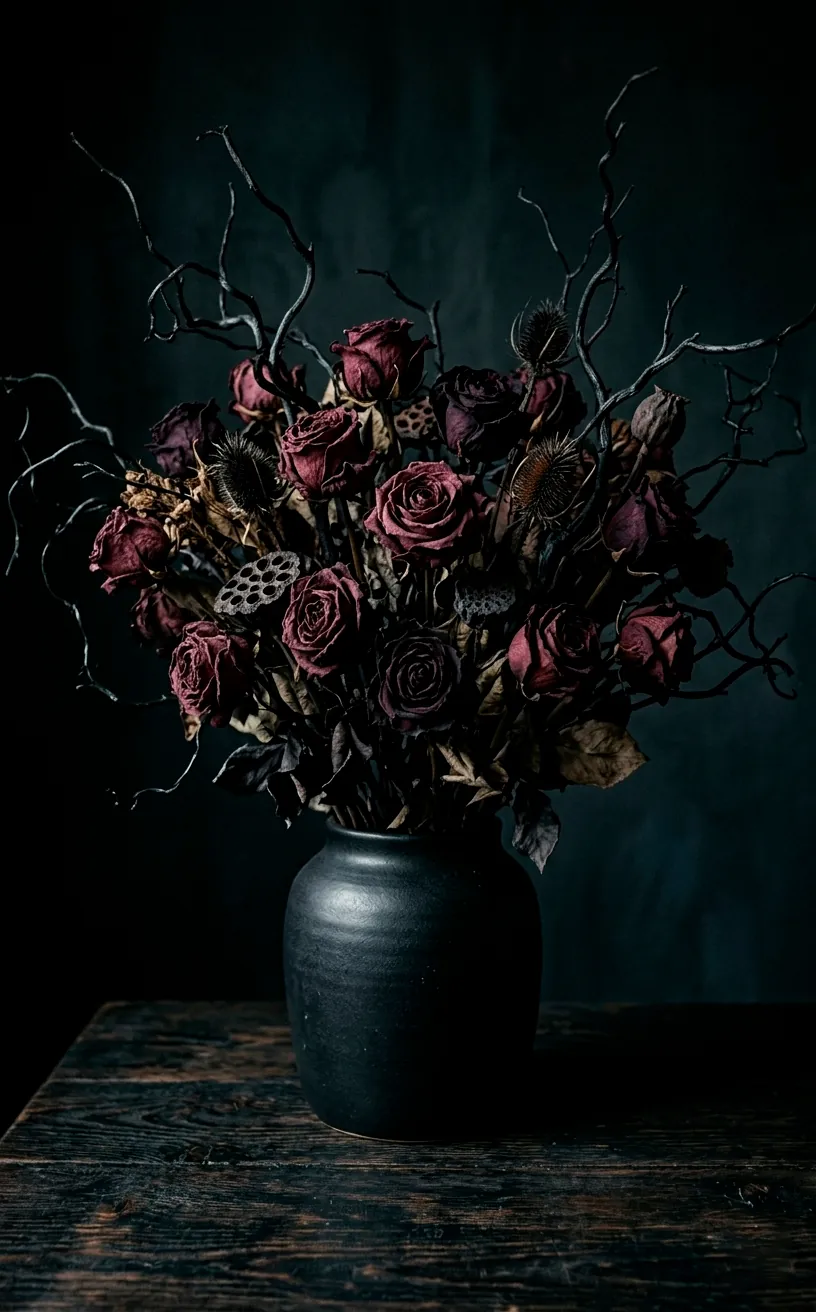 Black and burgundy dried floral arrangement in a dark vase for Halloween.