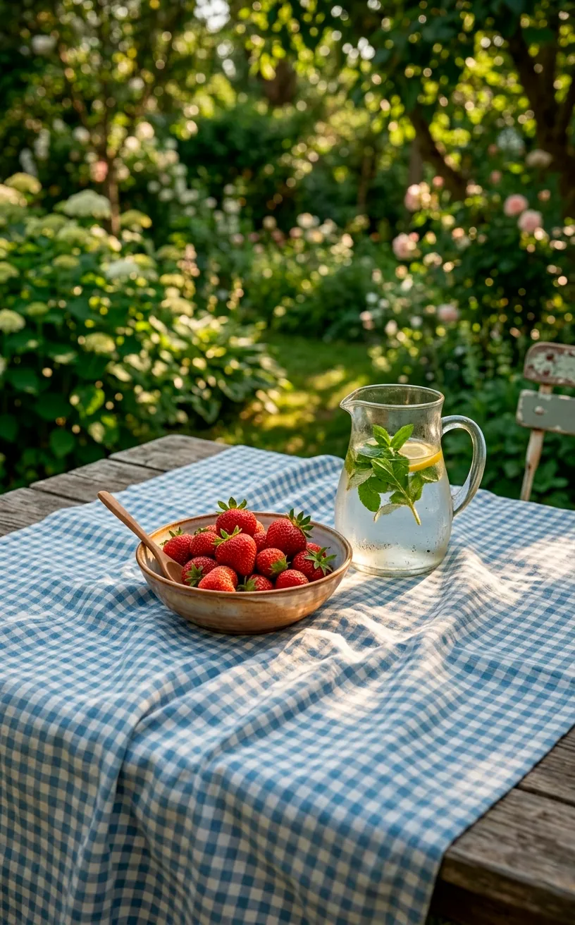 Blue and white gingham tablecloth on a garden table with strawberries.