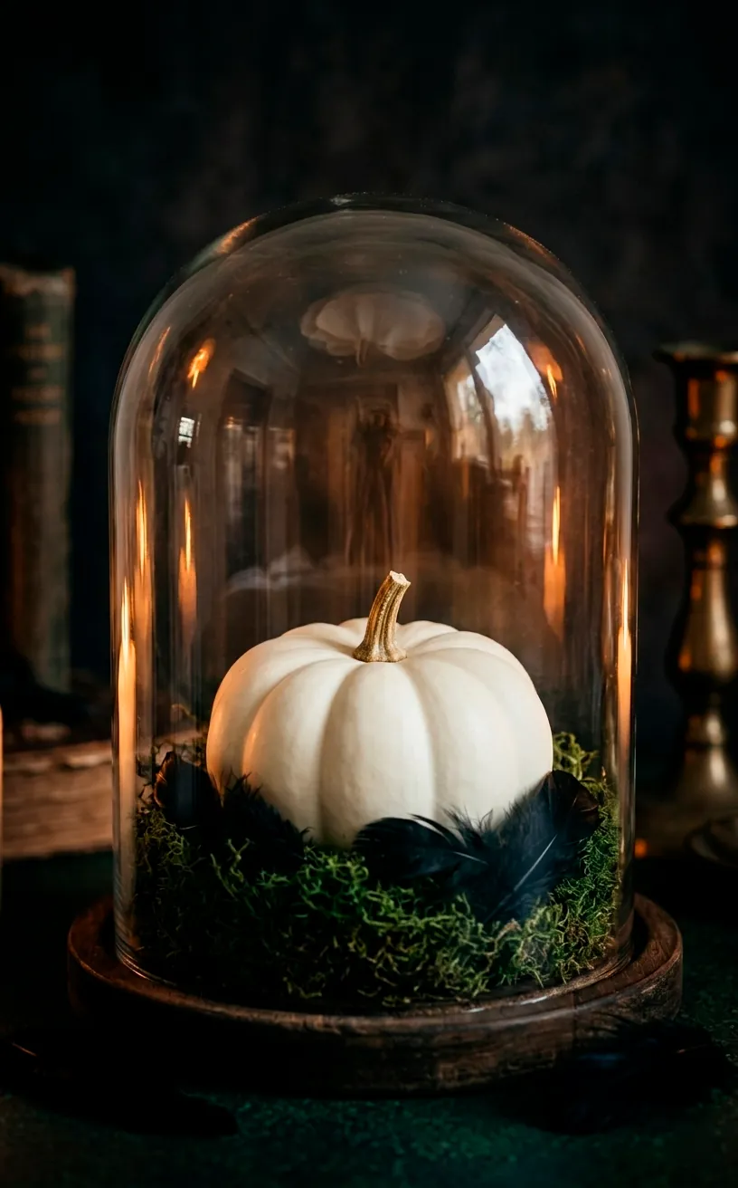 Mini white pumpkin inside a glass cloche with moss and feathers.
