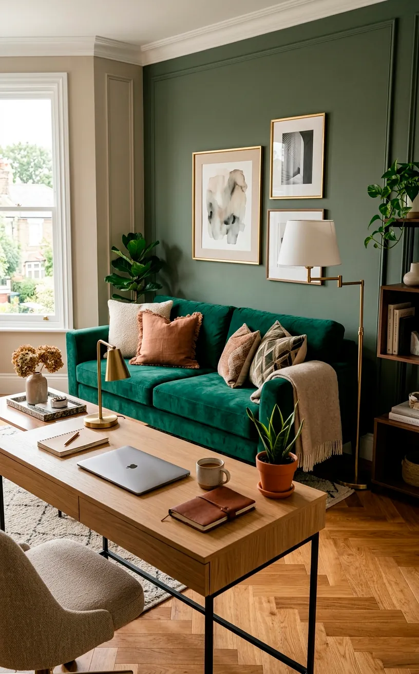 Emerald green velvet sleeper sofa in a stylish home office setting