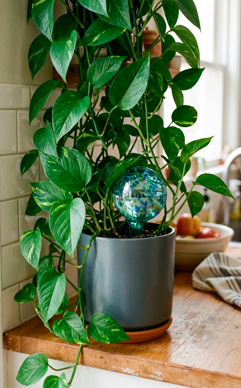 Hand blown glass watering globe hidden in a green kitchen pothos plant.