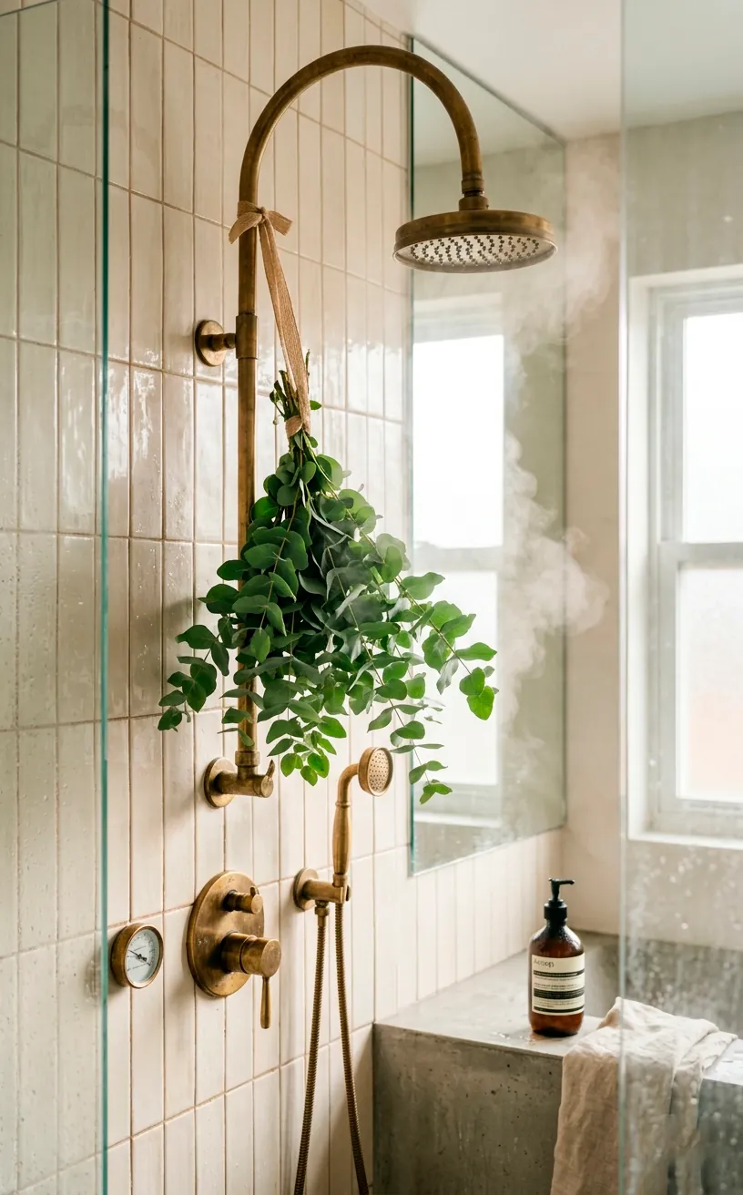 Fresh eucalyptus leaves tied to a brass showerhead with steam rising in a bright modern spa bathroom.