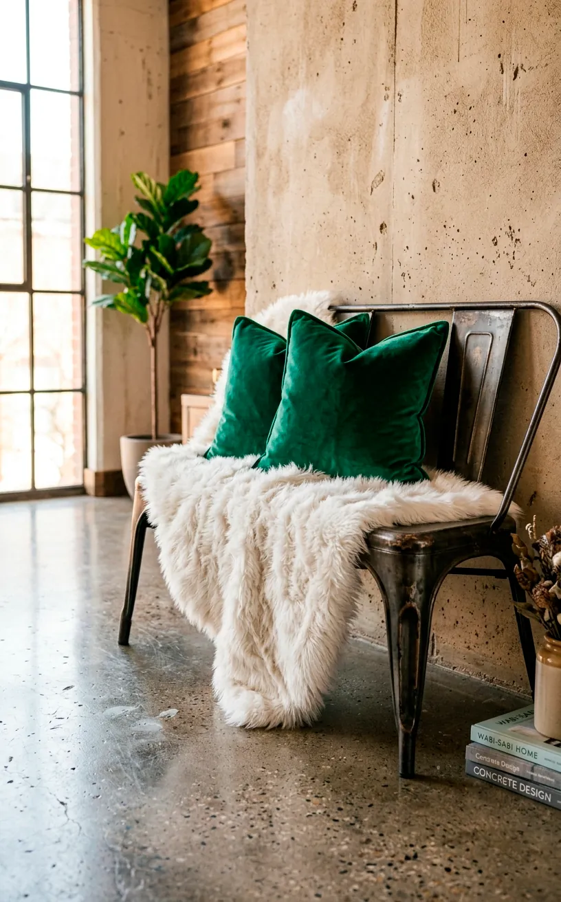 Dark metal bench on a concrete floor softened by a fluffy white faux fur throw and emerald velvet pillows