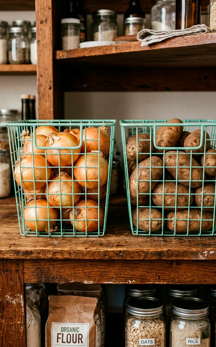 Mint green metal wire storage baskets securely holding fresh yellow onions and russet potatoes on a rustic wooden shelf.