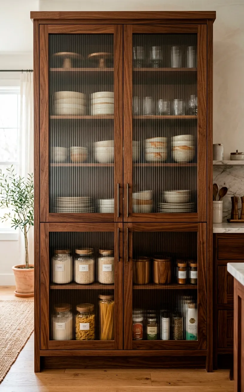 Warm walnut pantry cabinets with fluted glass doors subtly showing organized dishes and dry goods.