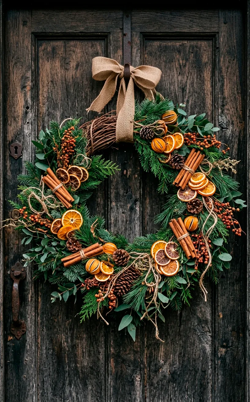 Large natural holiday wreath featuring pine, cedar, dried orange slices, and cinnamon sticks on a wooden door.