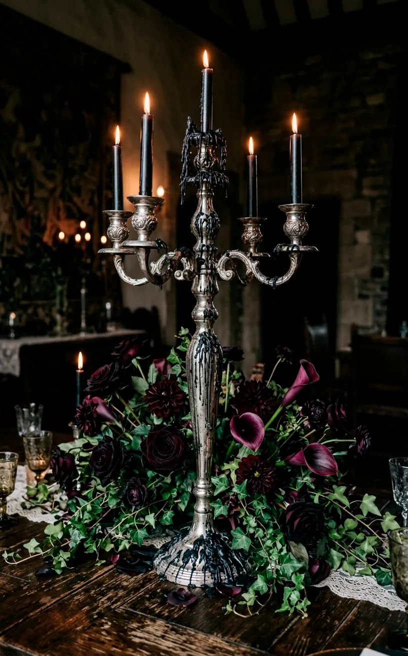 Gothic centerpiece with silver candelabra, black wax, and dark purple floral arrangement