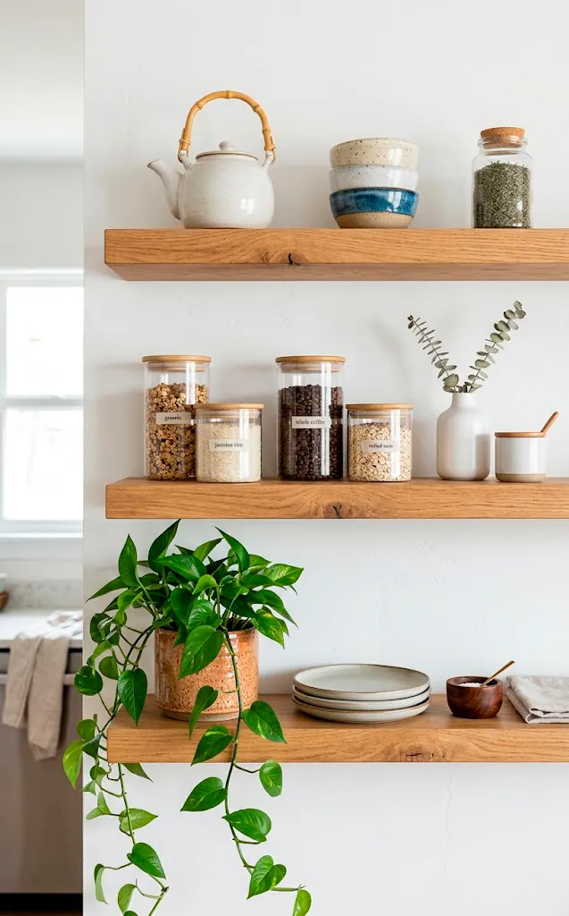 Thick oak floating shelves styled with minimal ceramics and plants.