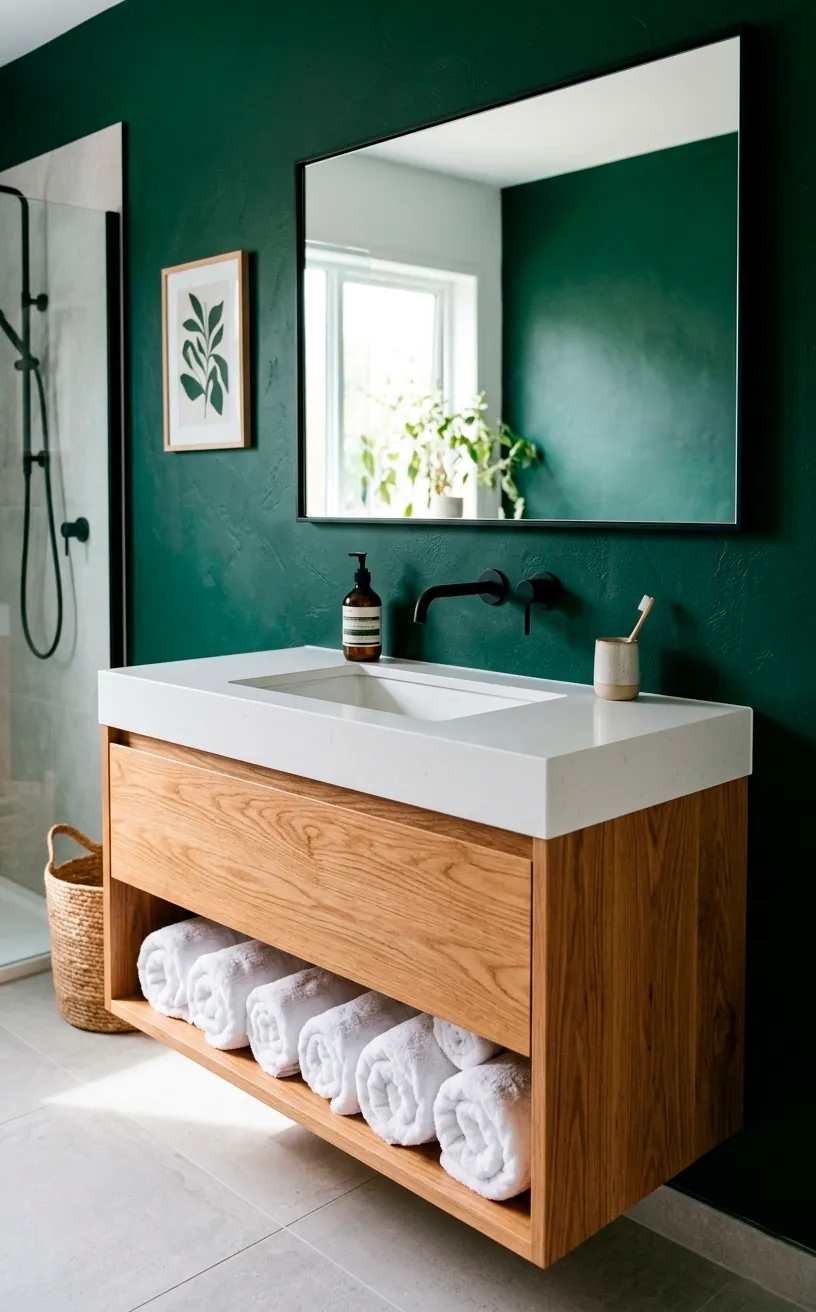 Floating timber vanity with a white quartz sink against a dark green bathroom wall.