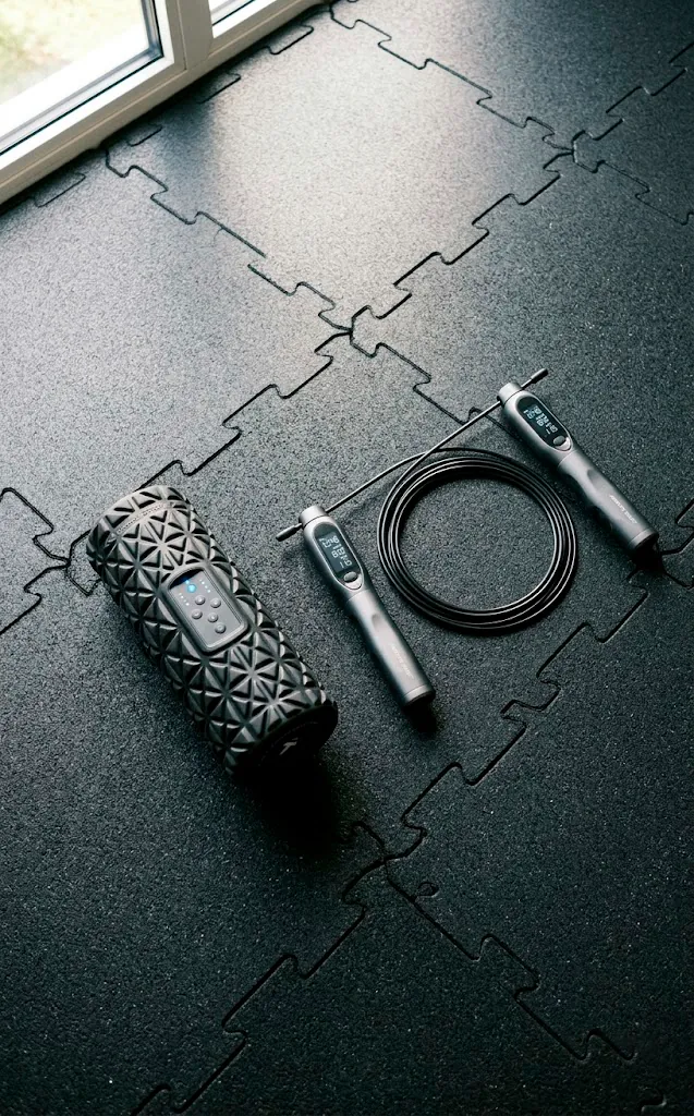 High-density interlocking rubber gym floor featuring a smart jump rope and modern foam roller.
