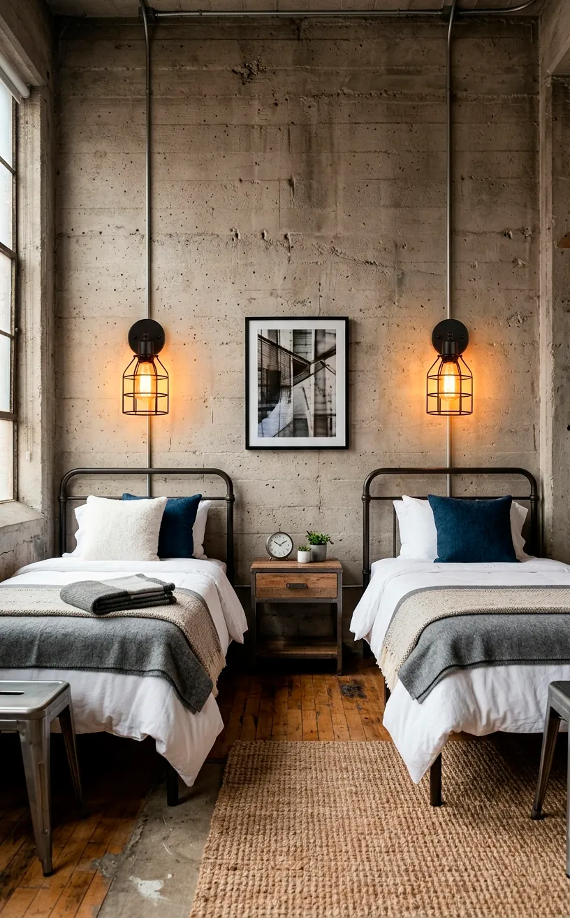 Warm Edison bulb sconces with matte black wire cages mounted above twin beds on a concrete wall.