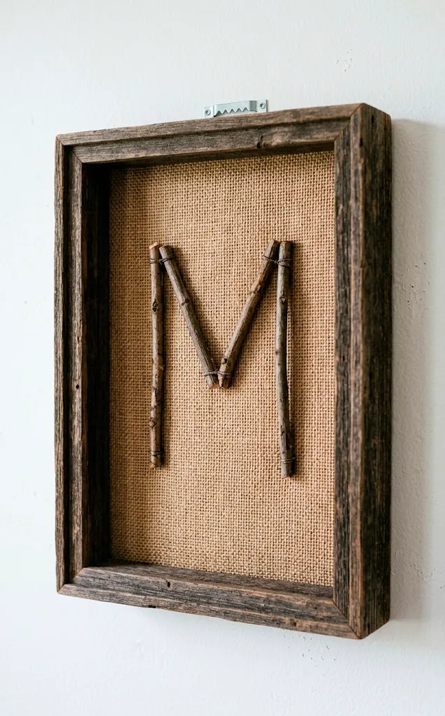 Letter M made of twigs mounted on burlap inside a shadow box frame on a white wall.