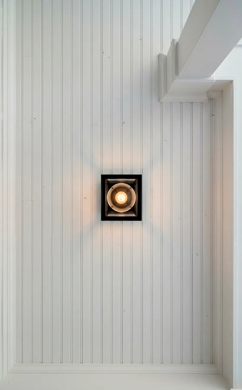 Detailed upward view of a bright white beadboard porch ceiling featuring a black flush-mount lantern.