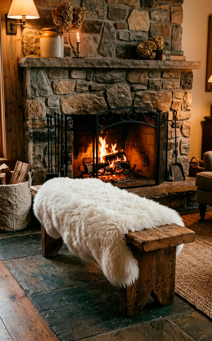 A plush white sheepskin throw casually draped over a wooden bench near a stone fireplace.