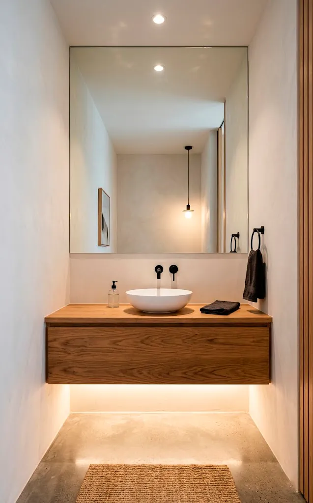 Seamless frameless mirror installed above a floating wood vanity in a small bathroom