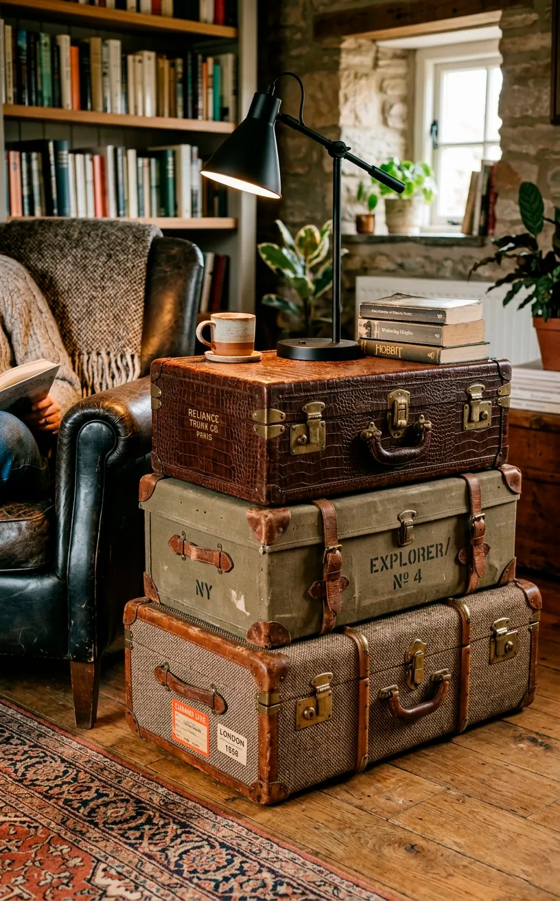 Three stacked vintage trunks acting as a tiered side table in a reading nook.