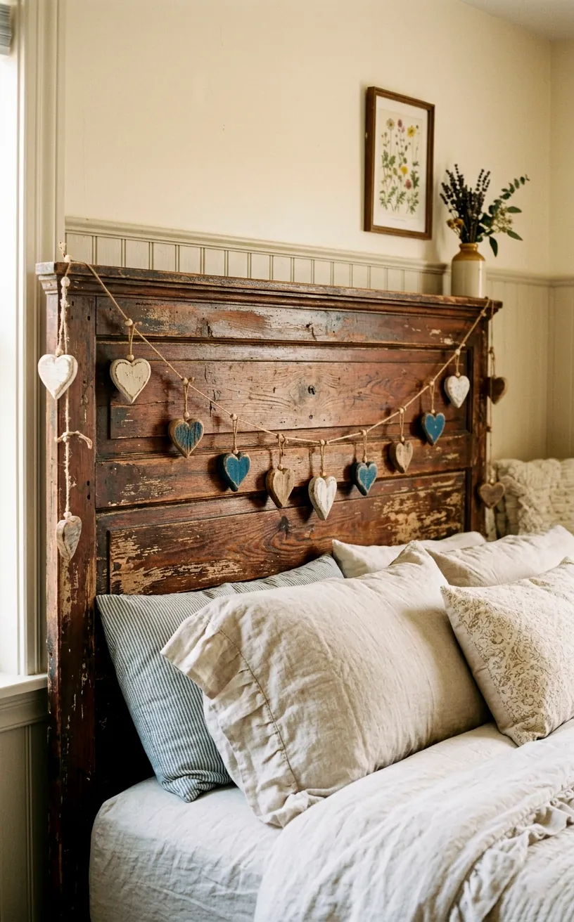 Distressed wooden headboard featuring a delicate carved wood heart garland.