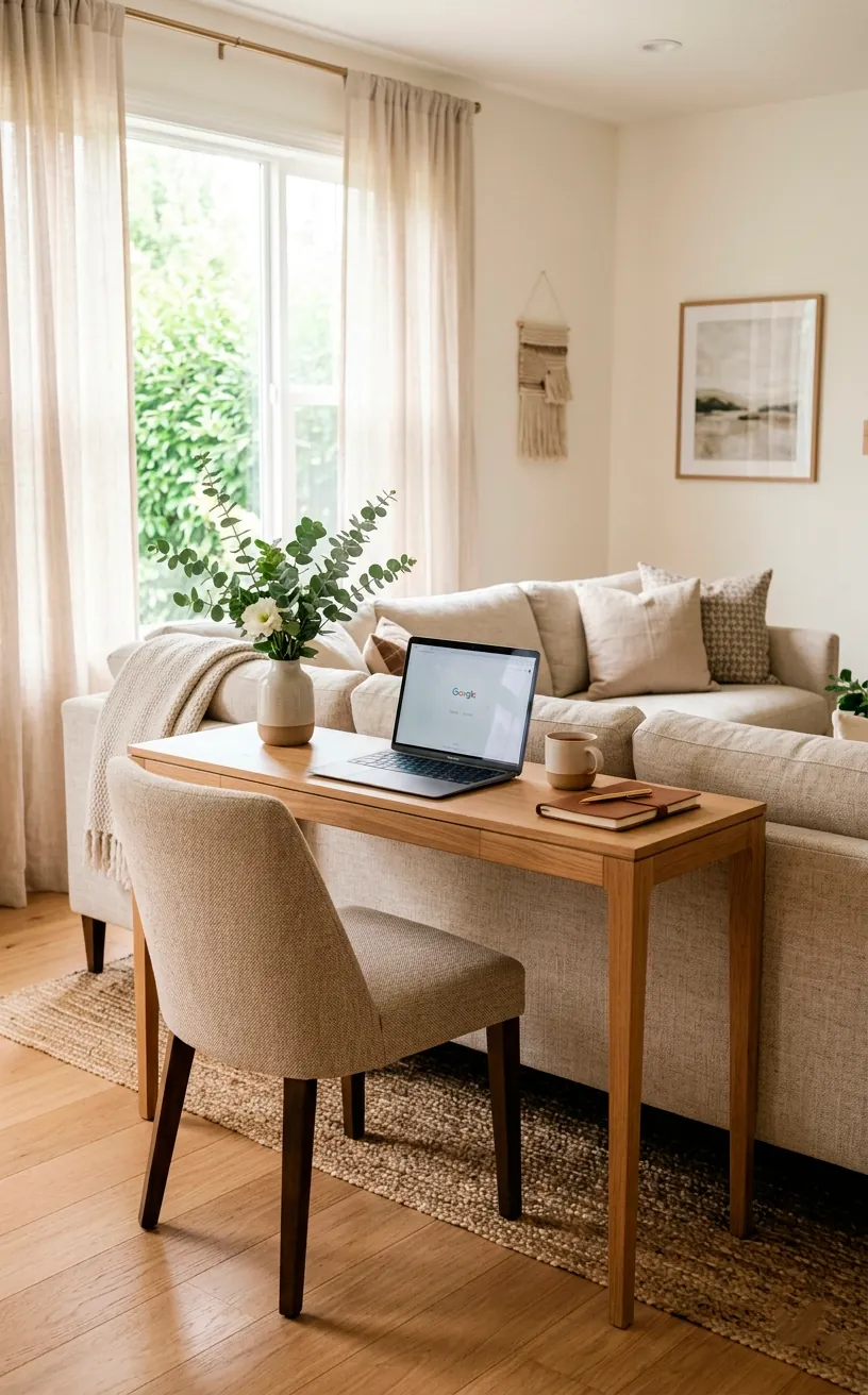 A slim console desk placed behind a modern sofa functioning as a hidden workspace.