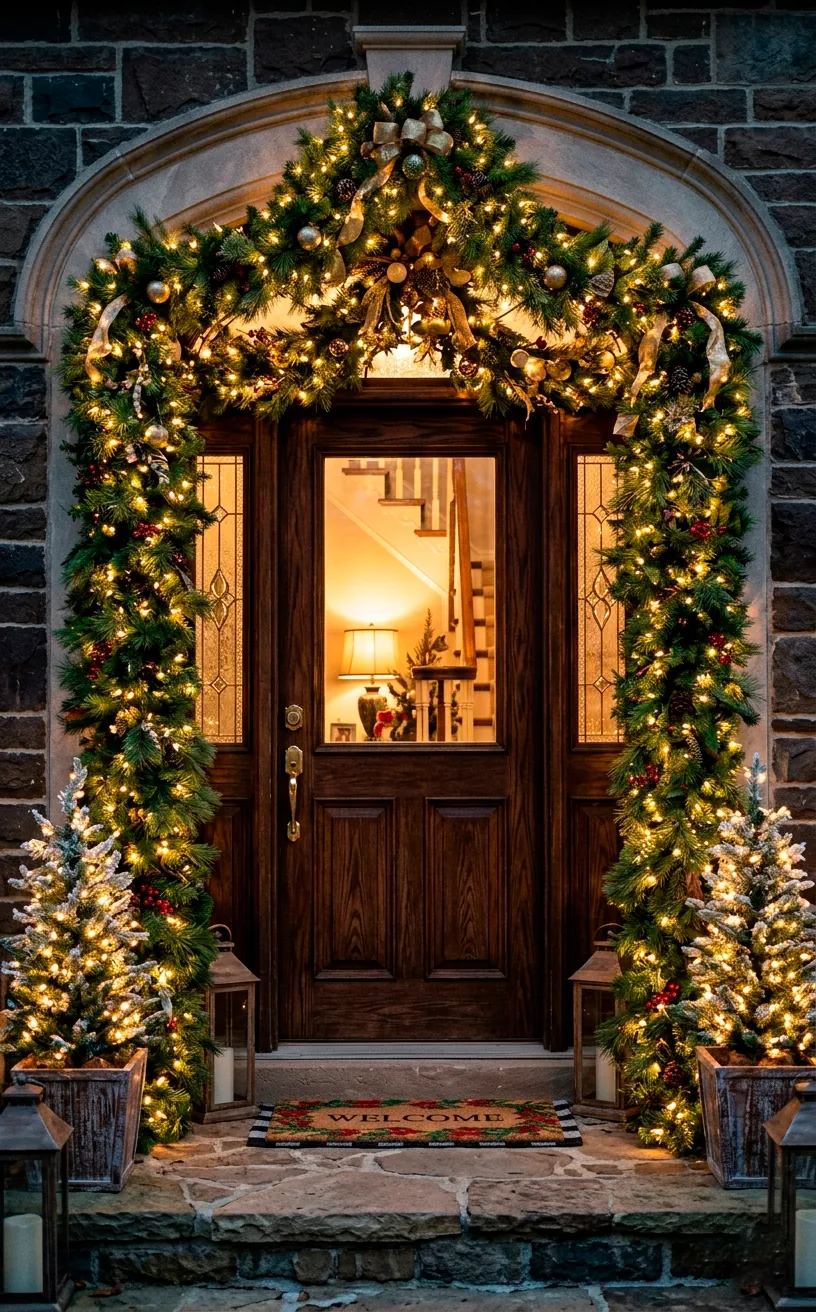 Thick pre-lit green pine garland draped over a front door