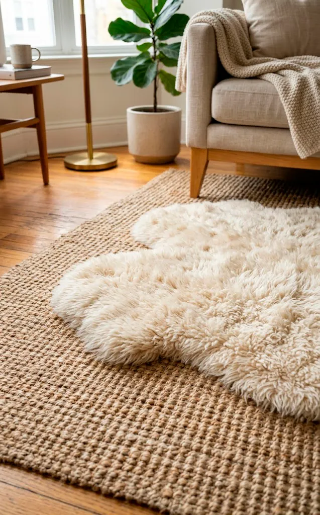 Layered neutral rugs including a flat-weave jute rug and a creamy faux-sheepskin