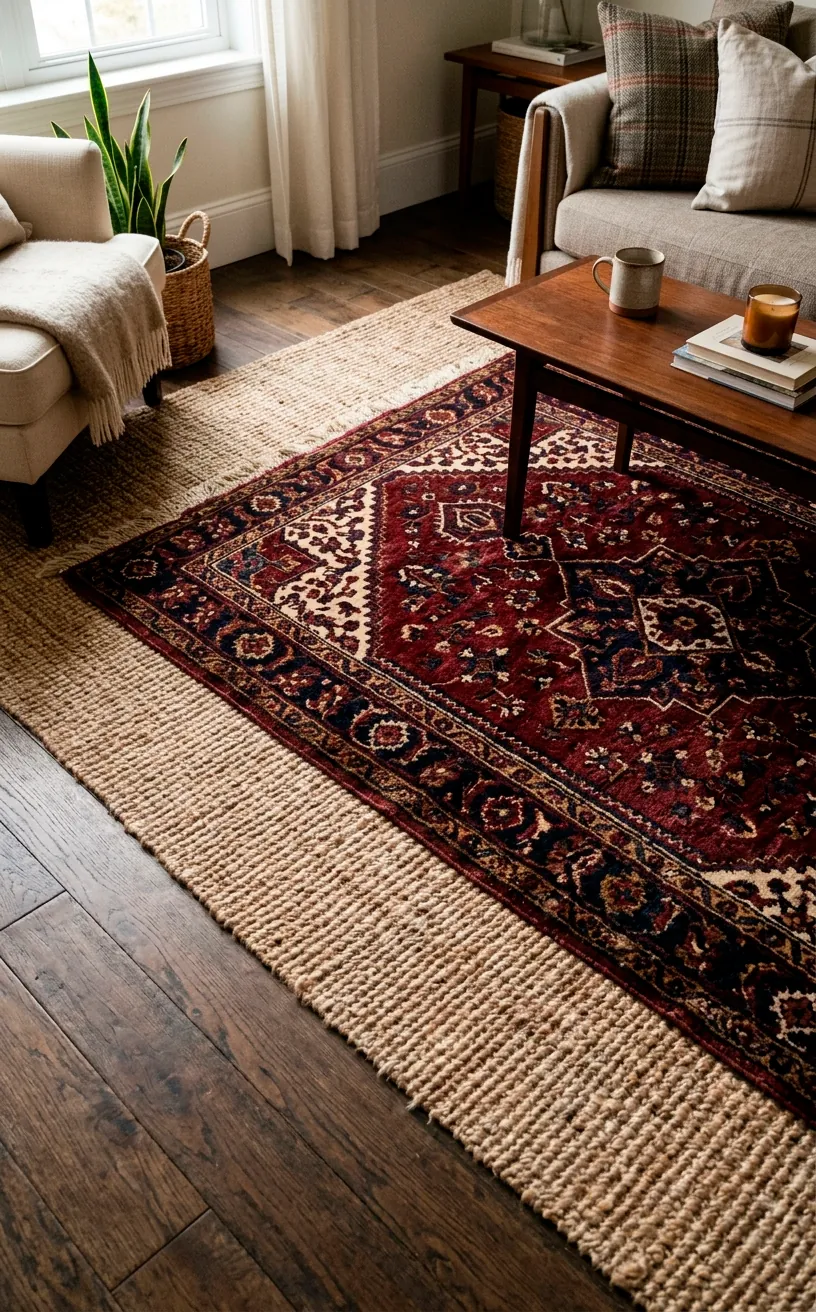 Patterned Turkish rug layered over a natural jute rug in a living room