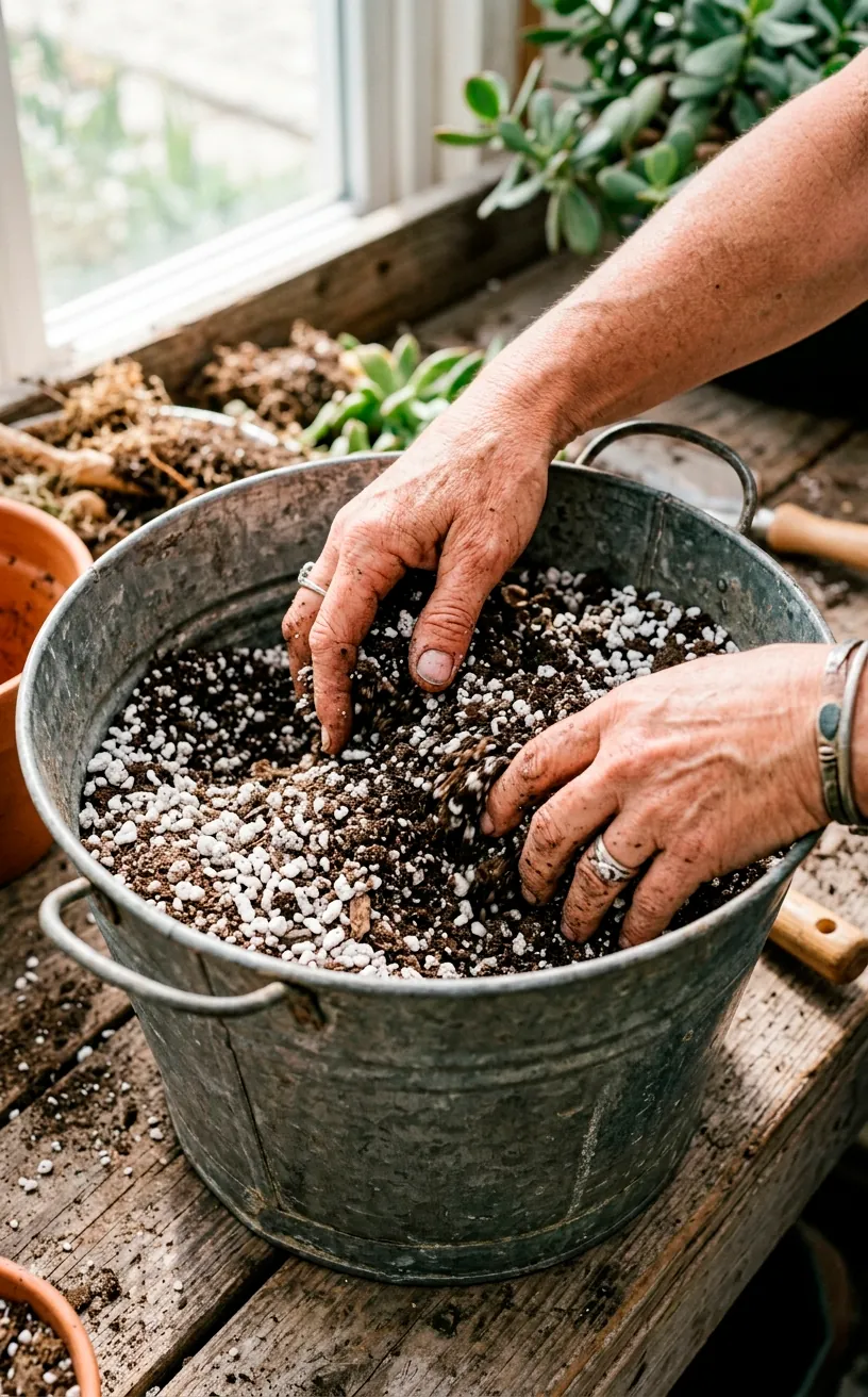 Hands mixing coarse succulent potting soil and white perlite inside a galvanized metal bucket.