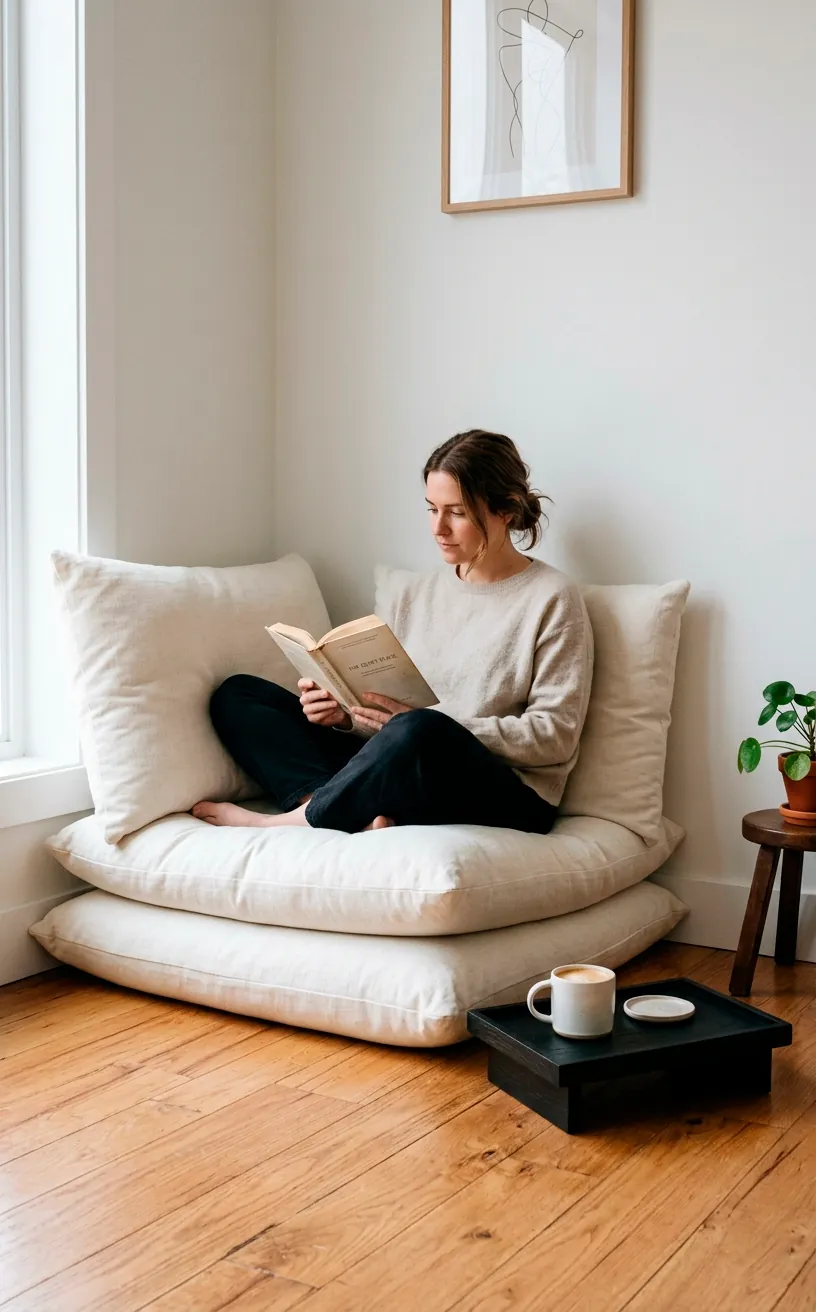 Two oversized cream floor pillows against a bare wall with a tiny black tray table for a minimalist nook.