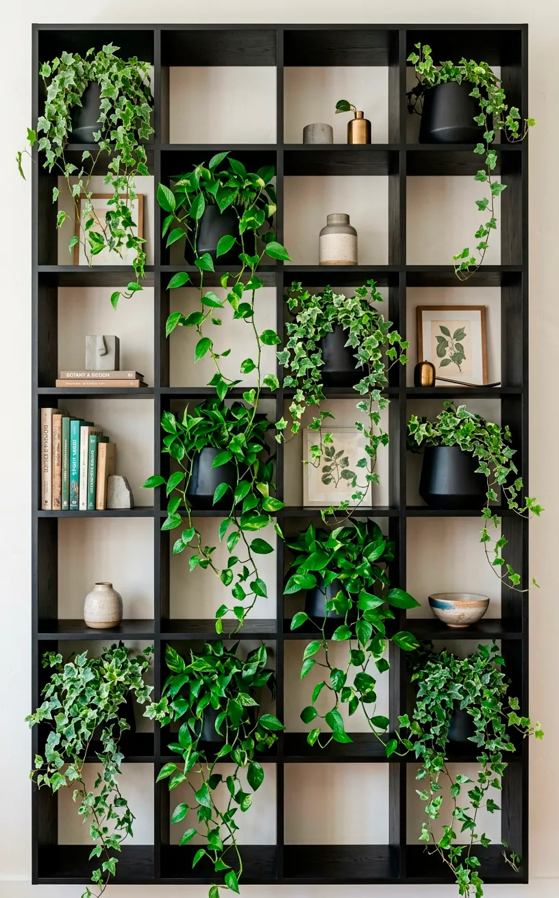 Square cubby bookcase displaying trailing ivy in a geometric checkerboard pattern.