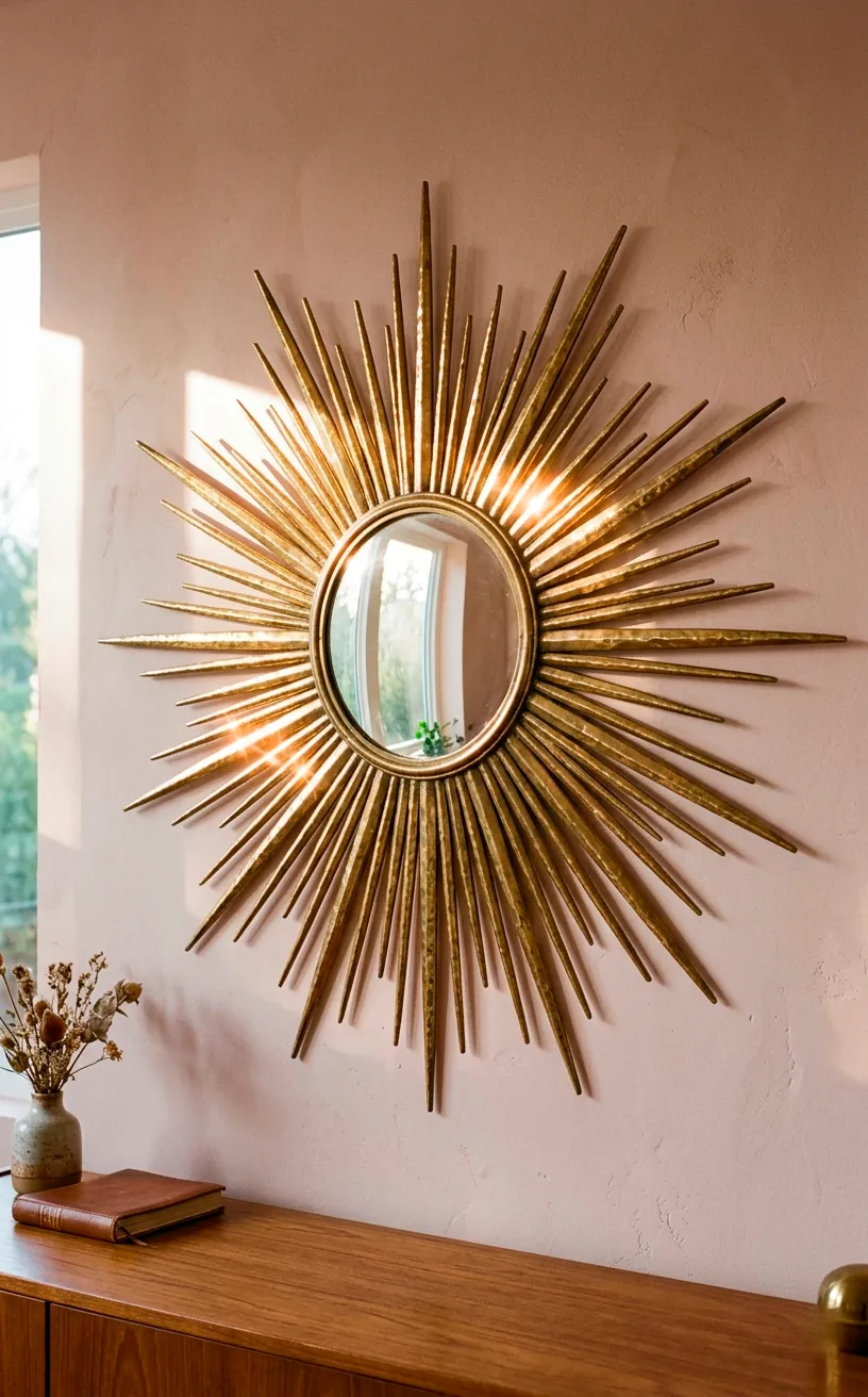 Vintage brass sunburst mirror reflecting sunlight against a blush pink wall.