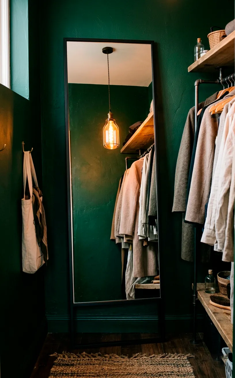 Oversized minimal mirror in a dark green dressing room reflecting warm light.
