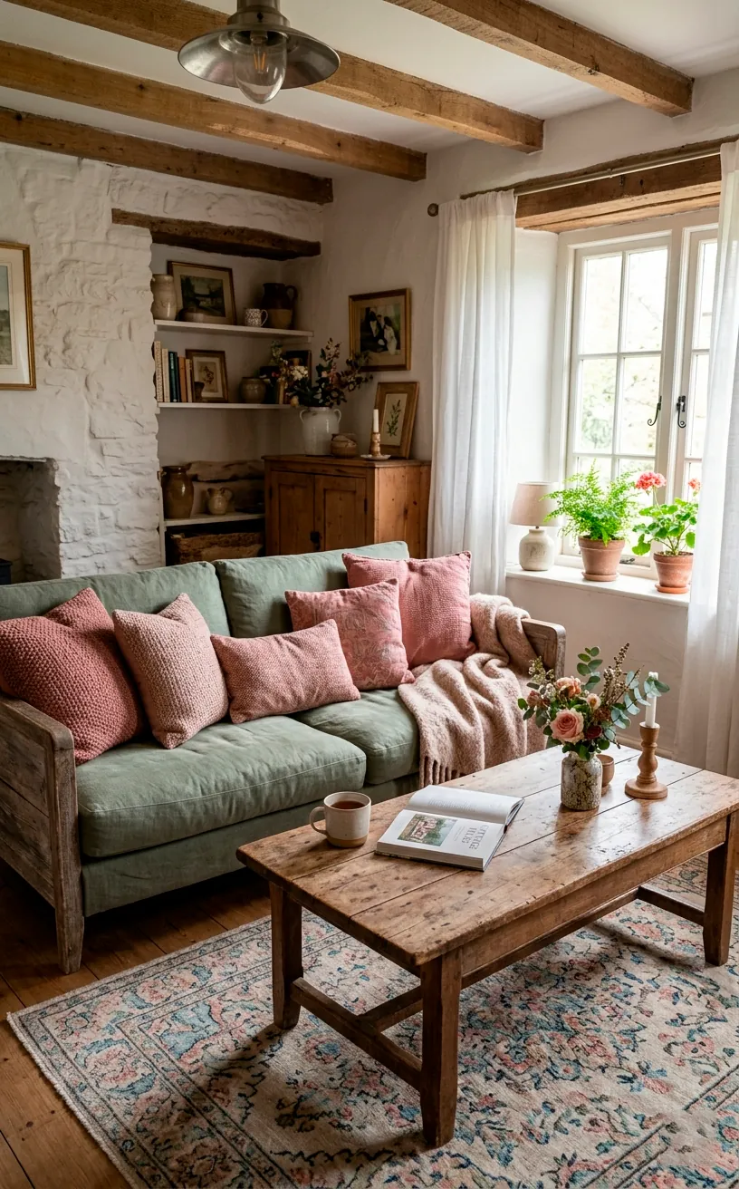 Cottage living room featuring a muted green linen sofa styled with highly textured dusty rose throw pillows.