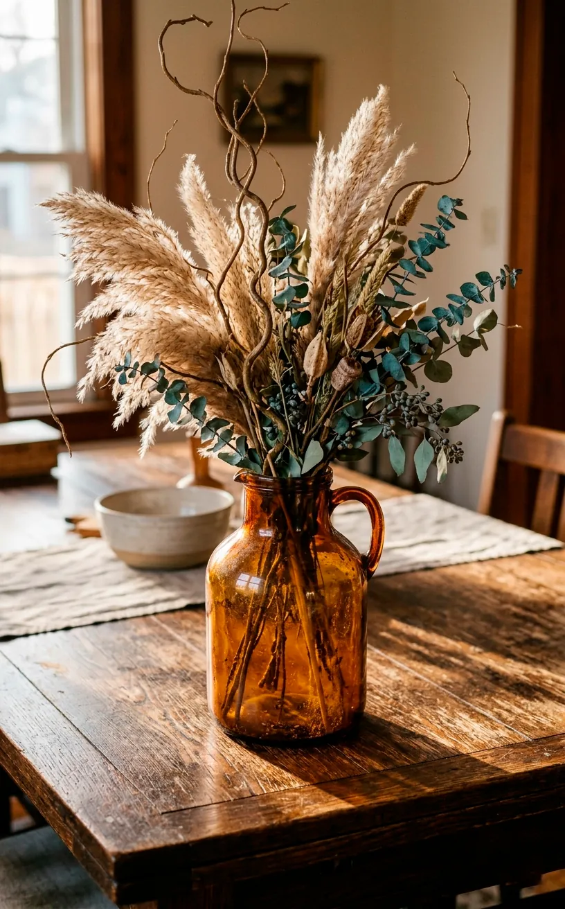 Vintage amber glass jug filled with dried pampas grass and eucalyptus