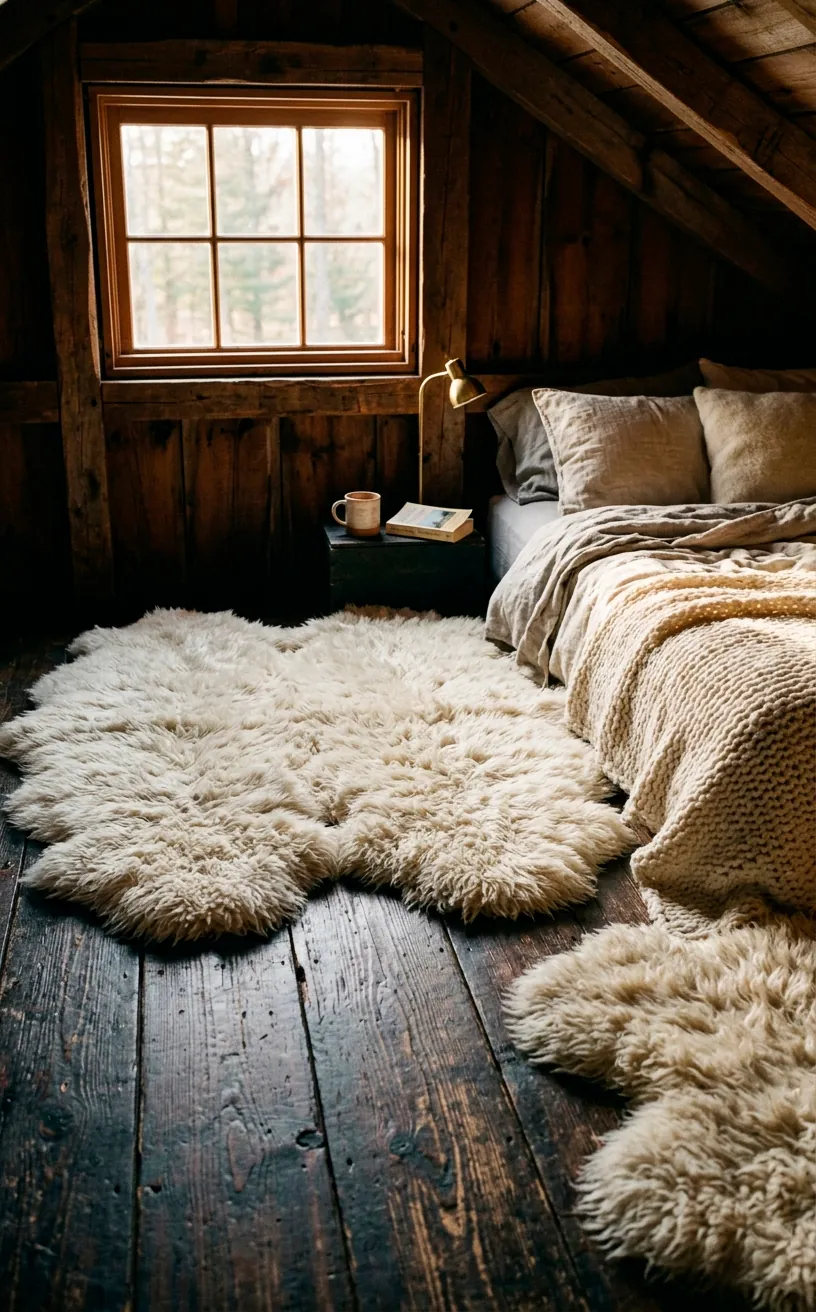 Thick ivory faux sheepskin rugs layered on dark rustic floorboards beside a bed