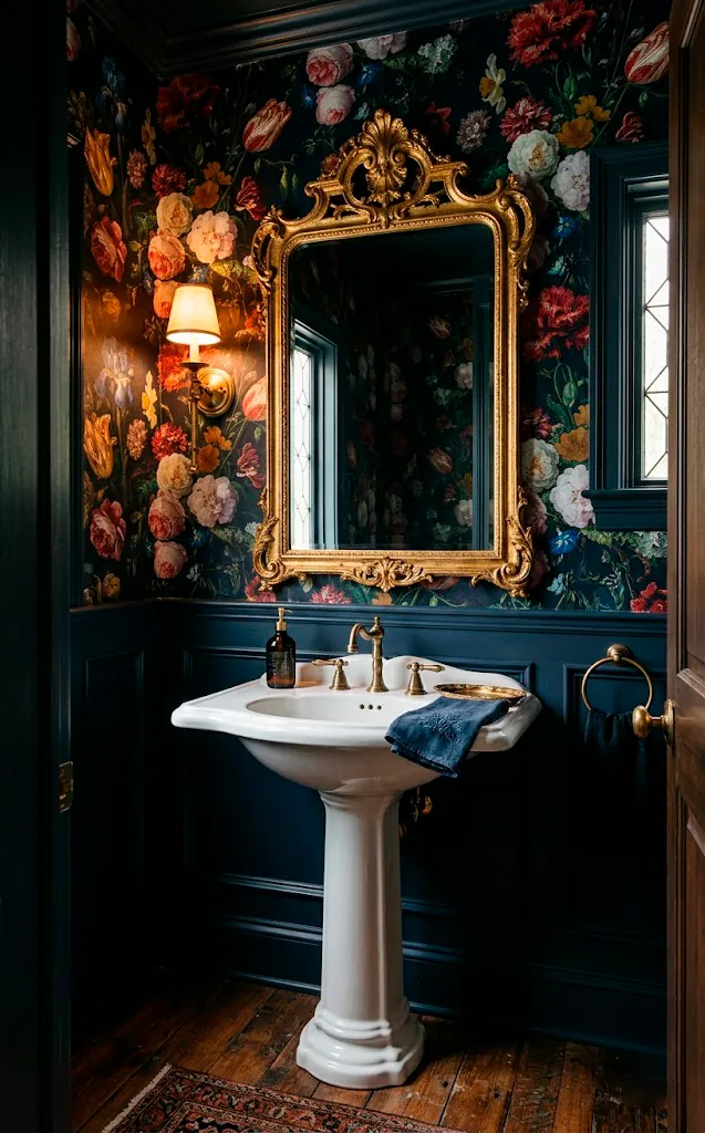 Dutch masters floral wallpaper in a moody powder room with gold mirror