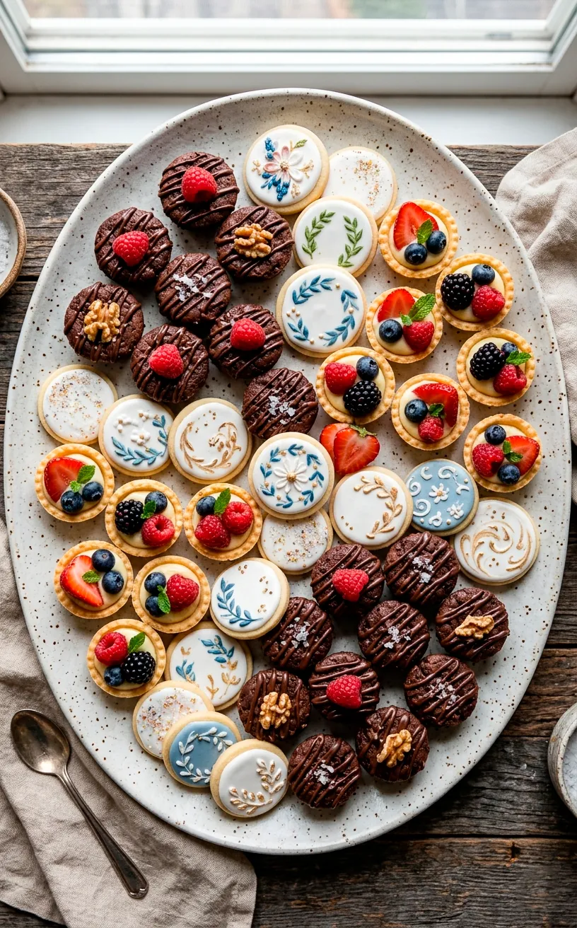 Platter of mini brownies, tarts, and cookies styled for a party