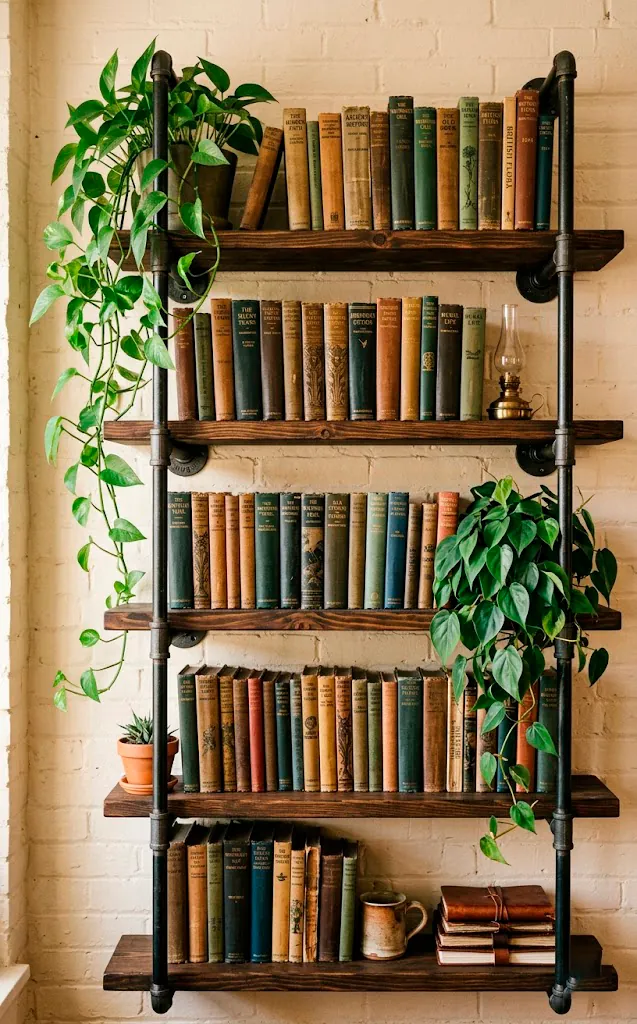 Industrial iron pipe and dark wood wall shelving unit holding books