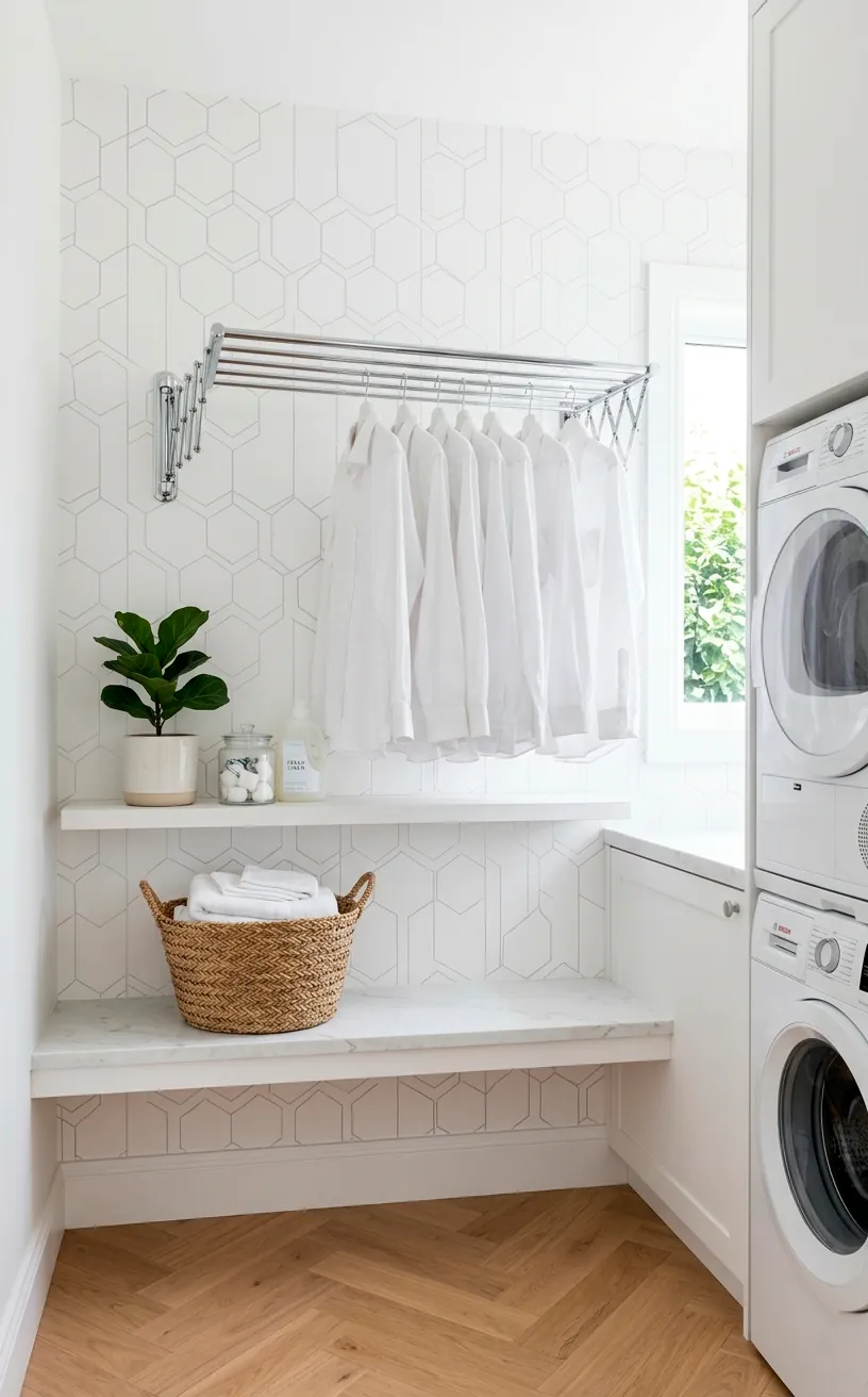 Modern laundry room accent wall featuring barely-there silver geometric hexagon wallpaper